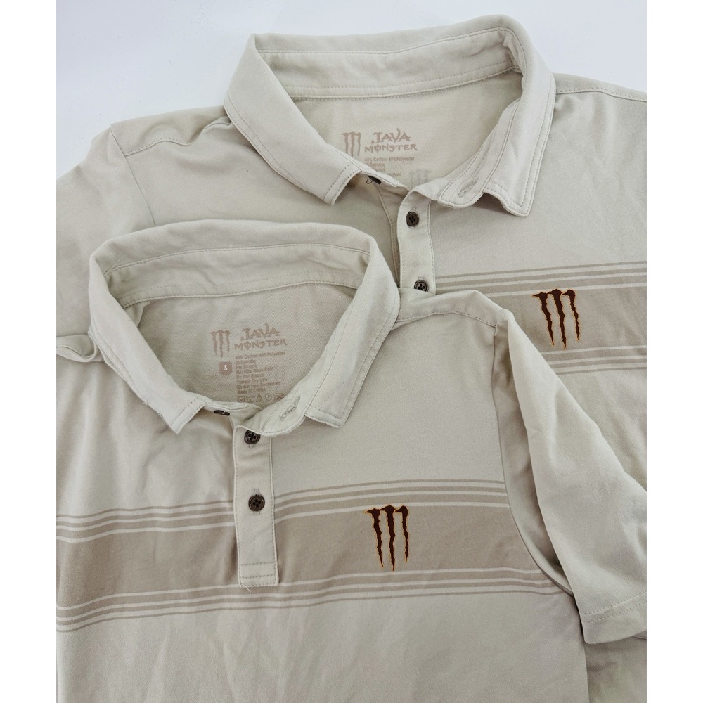 Monster Energy Java‎ Monster Shirt Men Small Tan Beige Short Sleeve Polo Striped